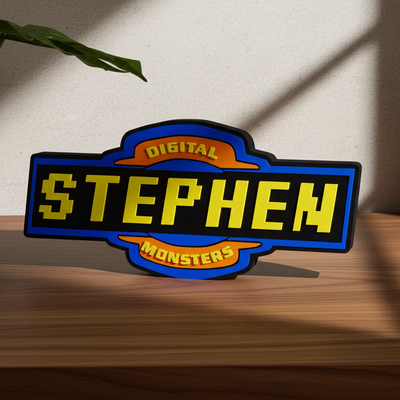 Custom Digimon nameplate sign with a personalised name, made from durable PLA