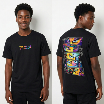 5 Anime Heroes vibrant graphic t-shirt featuring five anime characters in full colour