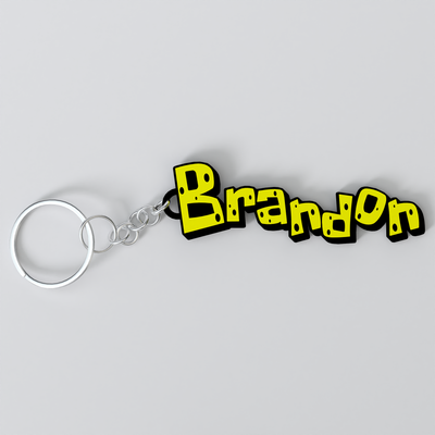Custom SpongeBob-inspired keychain with a personalised name, made from durable PLA