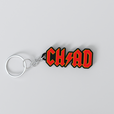 Custom AC/DC keychain with a personalised name in the band's logo lettering, made from durable PLA