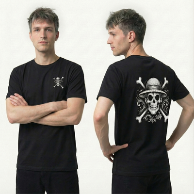 Black and white One Piece t-shirt with Luffy's Straw Hat Jolly Roger