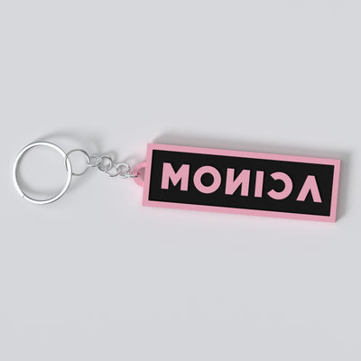 Custom Blackpink keychain with a personalised name in the group's logo lettering, made from durable PLA
