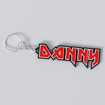 Custom Iron Maiden keychain with a personalised name in the band's logo lettering, made from durable PLA