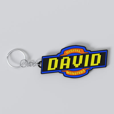 Custom Digimon keychain with a personalised name in the series' lettering, made from durable PLA