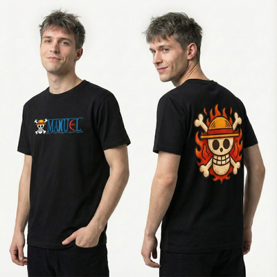 Custom One Piece t-shirt with the Straw Hat Jolly Roger and a personalised name
