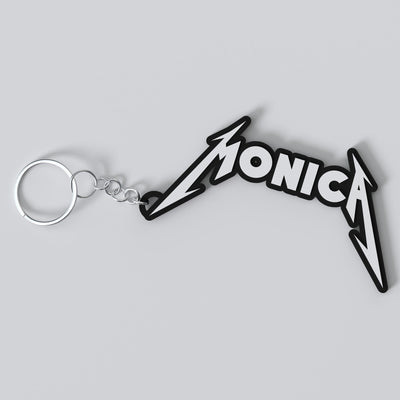 Custom Metallica keychain with a personalised name in the band's logo lettering, made from durable PLA