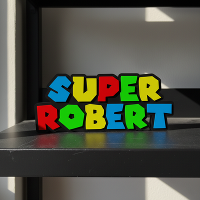 Custom Super Mario nameplate sign with a personalised gamer tag, made from durable PLA