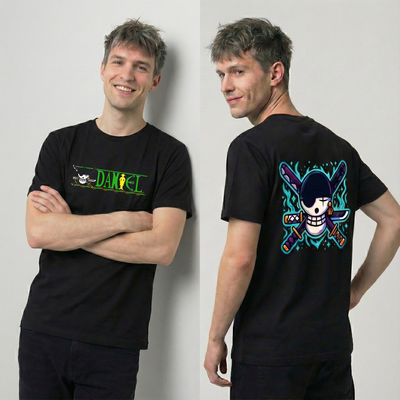 Custom One Piece t-shirt with Zoro's Jolly Roger and a personalised name