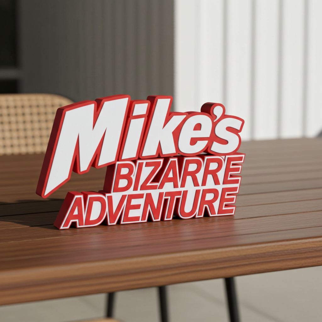 Custom Jojo's Bizarre Adventure sign that reads 'Mike's Bizarre Adventure' on a wooden surface with a blurred outdoor background.