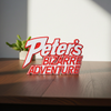 Custom Jojo's Bizarre Adventure sign that reads 'Peter's Bizarre Adventure' on a wooden surface with a blurred outdoor background.