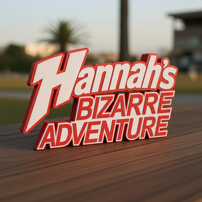Custom Jojo's Bizarre Adventure sign that reads 'Hannah's Bizarre Adventure' on a wooden surface with a blurred outdoor background.