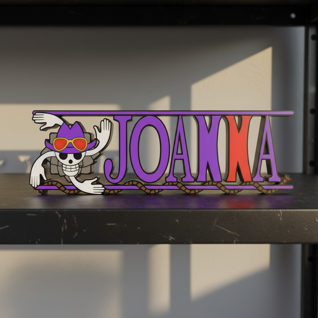 Personalized one piece nameplate with the Robin jolly roger on a shelf