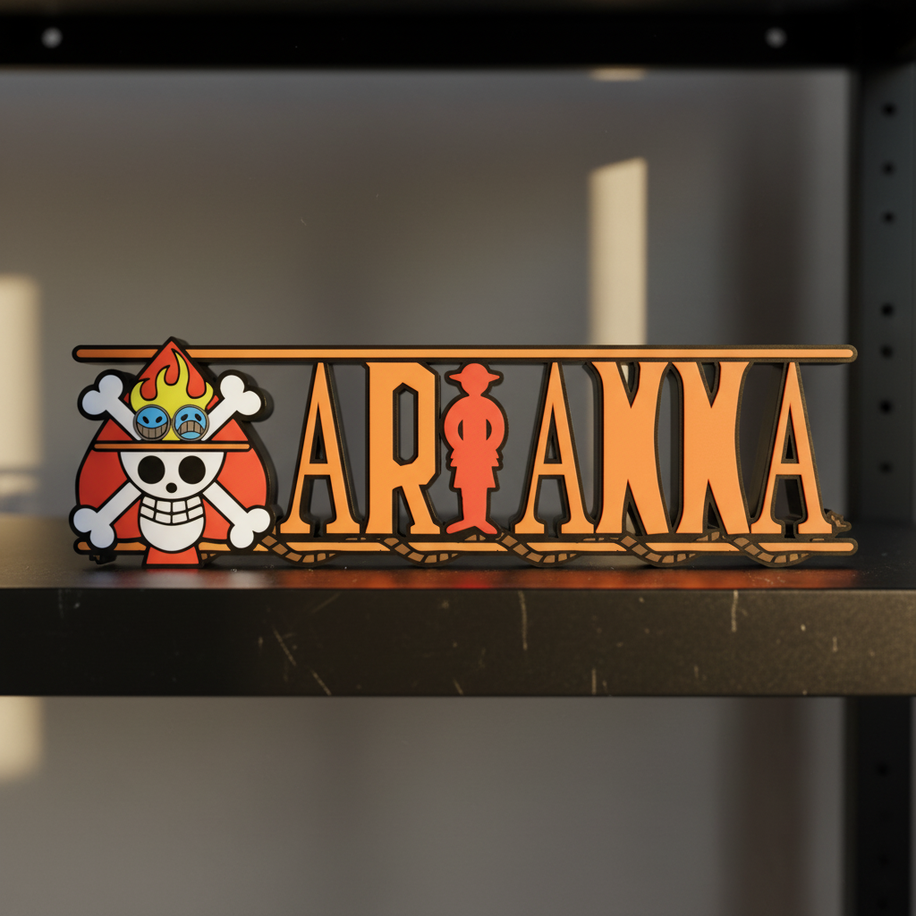 Personalized one piece nameplate with the Ace jolly roger on a shelf