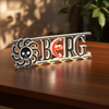Personalized one piece nameplate with the Boa jolly roger on a wooden table