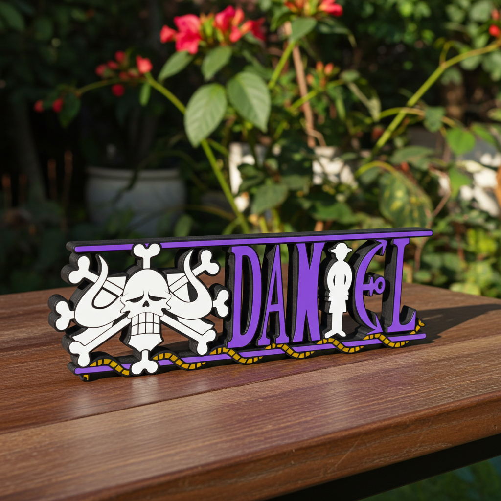 Personalized one piece nameplate with the Kaidou jolly roger on a wooden table
