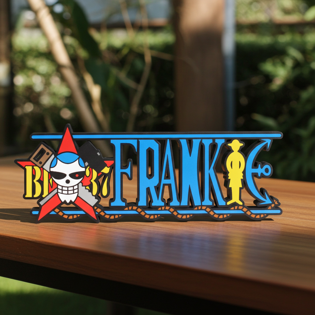 Personalized one piece nameplate with the Franky jolly roger on a wooden table