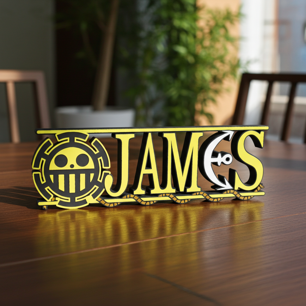 Personalized one piece nameplate with the Law jolly roger on a wooden table