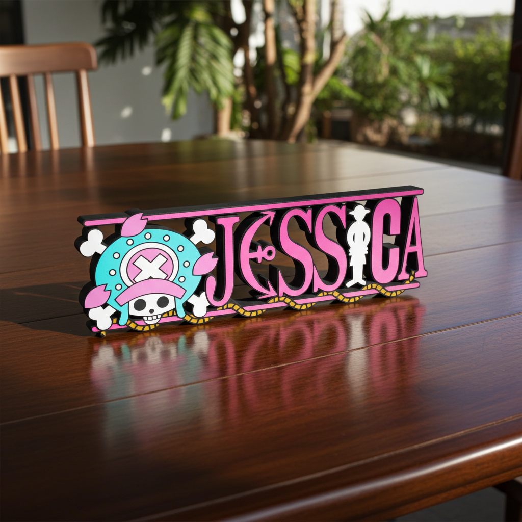 Personalized one piece nameplate with the Chopper jolly roger on a wooden table