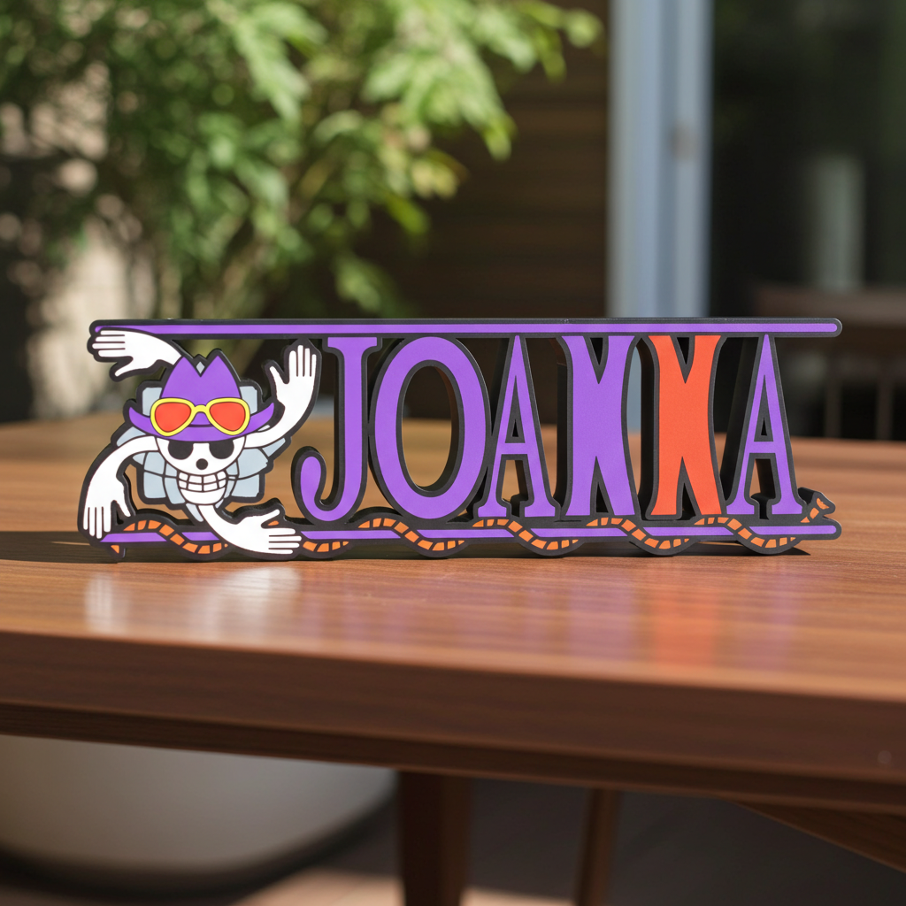 Personalized one piece nameplate with the Robin jolly roger on a wooden table