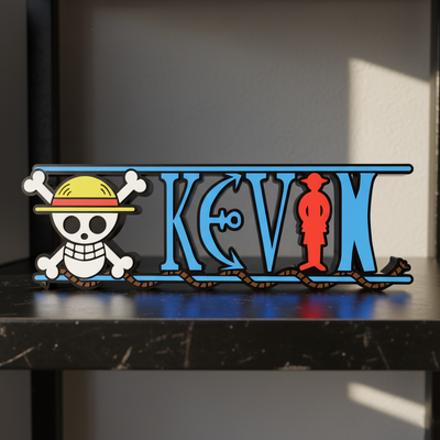 Personalized one piece nameplate with the pirate crew jolly roger on a shelf