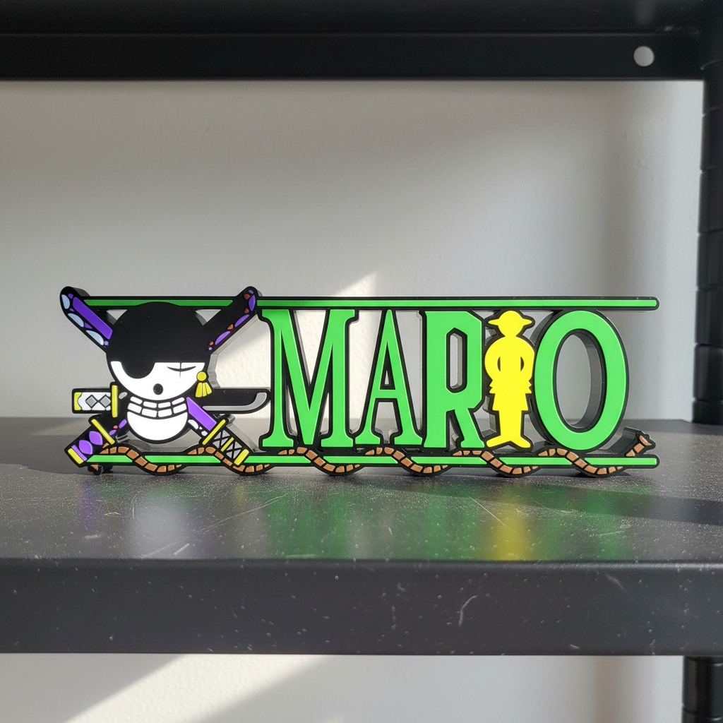 Personalized one piece nameplate with the Zoro jolly roger on a shelf