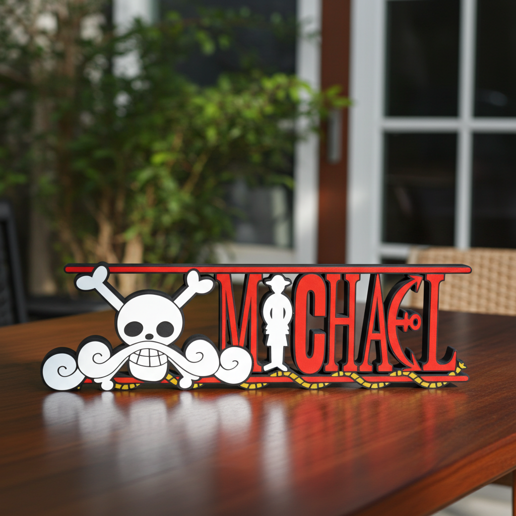 Personalized one piece nameplate with the Roger jolly roger on a wooden table