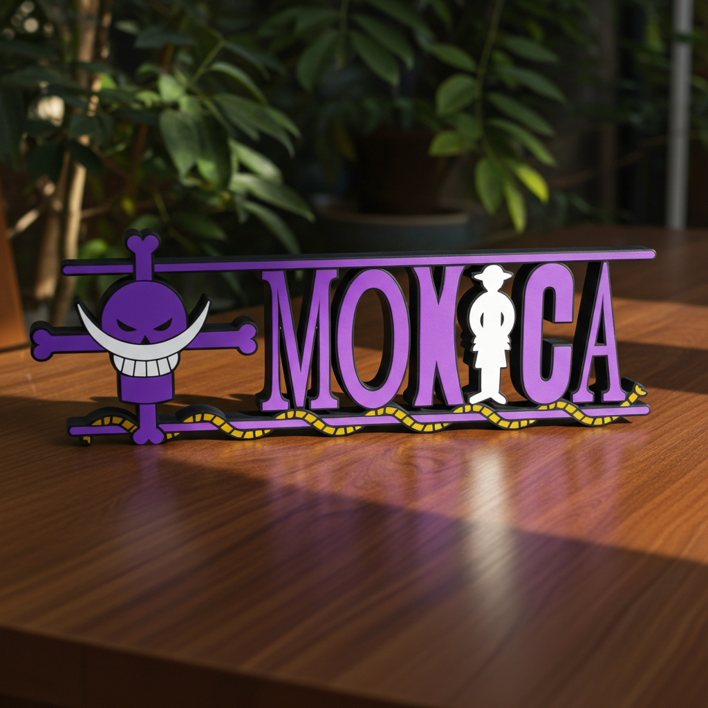Personalized one piece nameplate with the whitebeard jolly roger on a wooden table