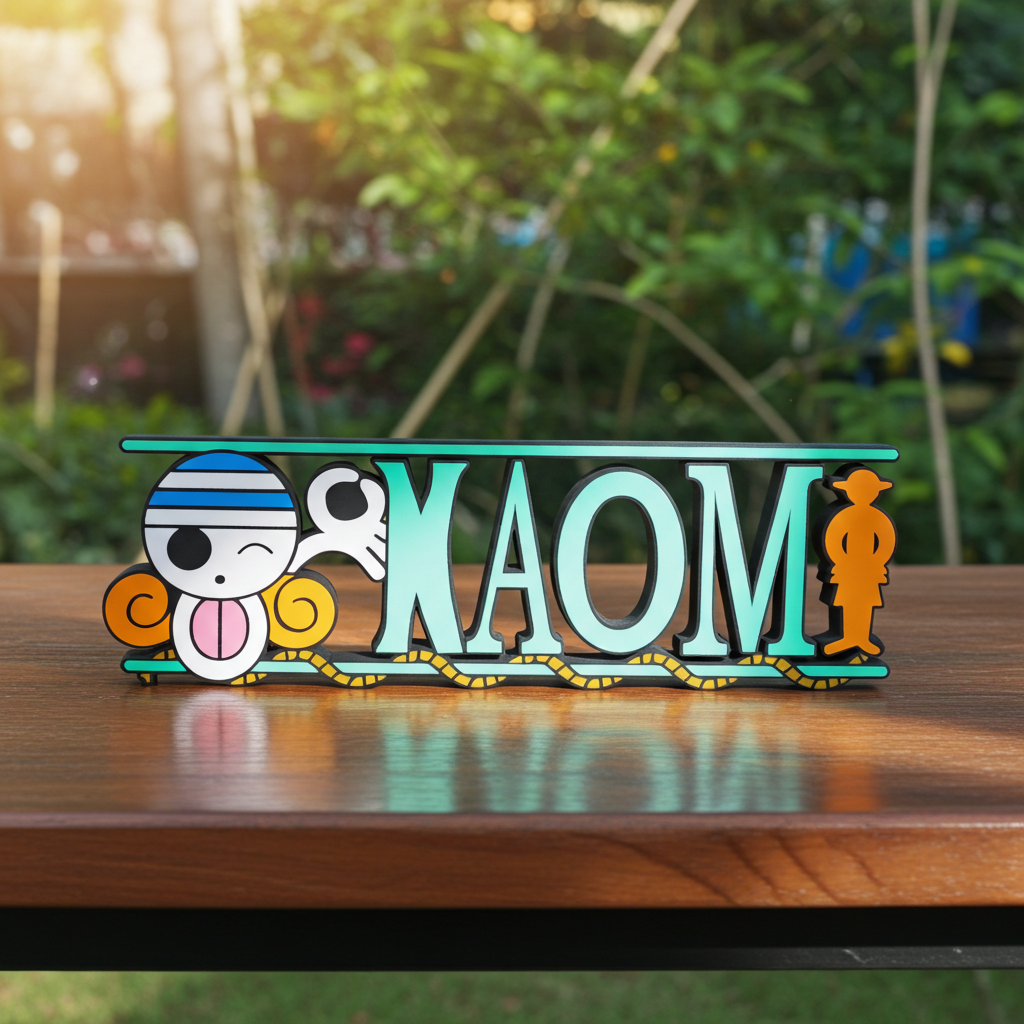 Personalized one piece nameplate with the Nami jolly roger on a wooden table