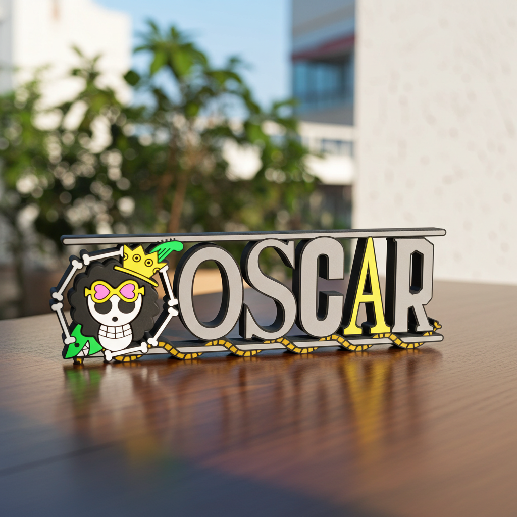 Personalized one piece nameplate with the Brook jolly roger on a wooden table
