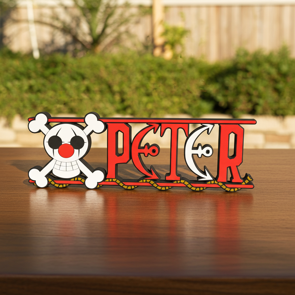 Personalized one piece nameplate with the Buggy jolly roger on a wooden table