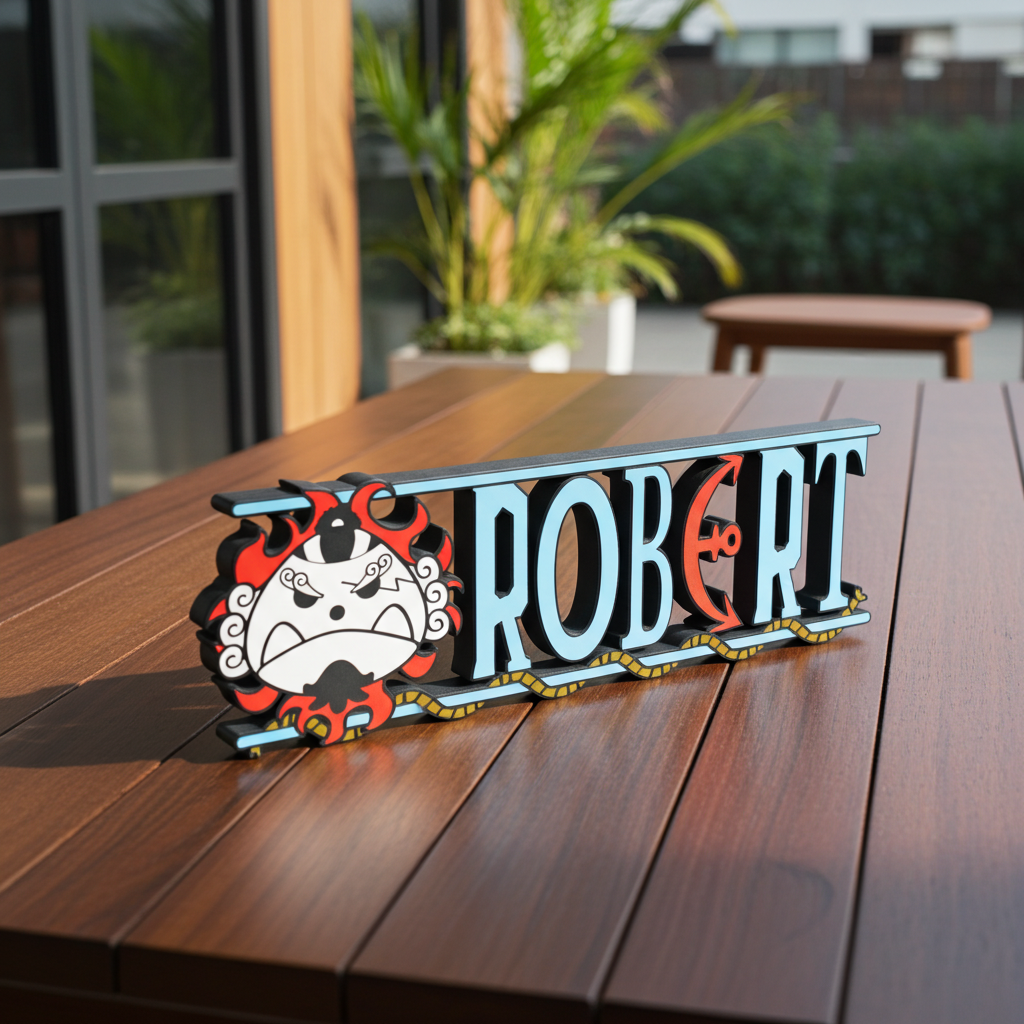 Personalized one piece nameplate with the Jinbe jolly roger on a wooden table
