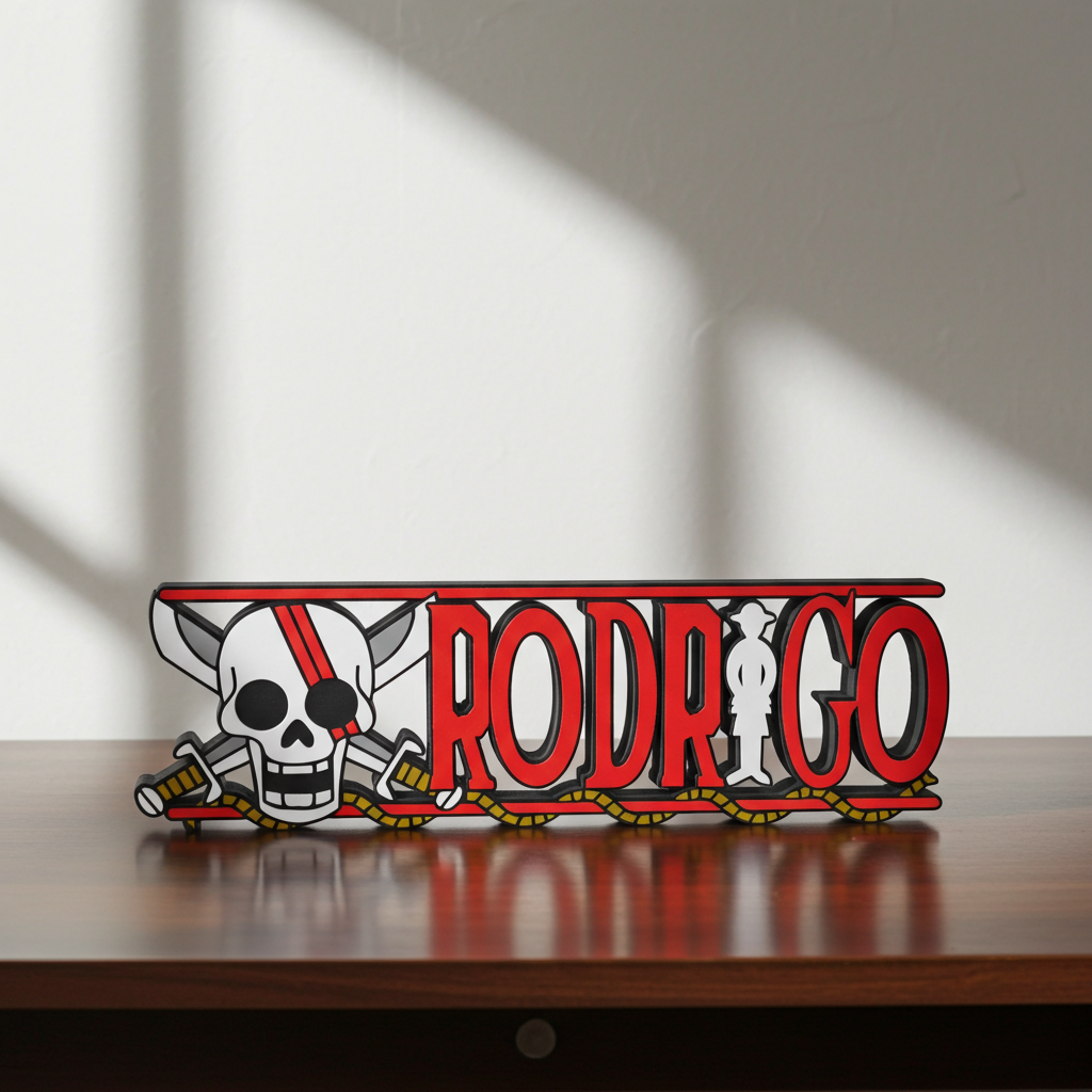 Personalized one piece nameplate with the Shanks jolly roger on a wooden table