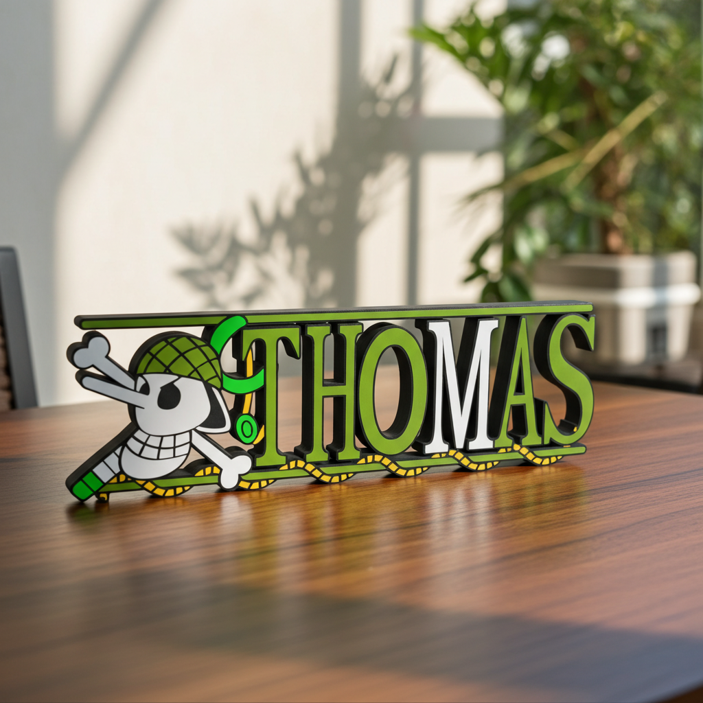 Personalized one piece nameplate with the Ussop jolly roger on a wooden table